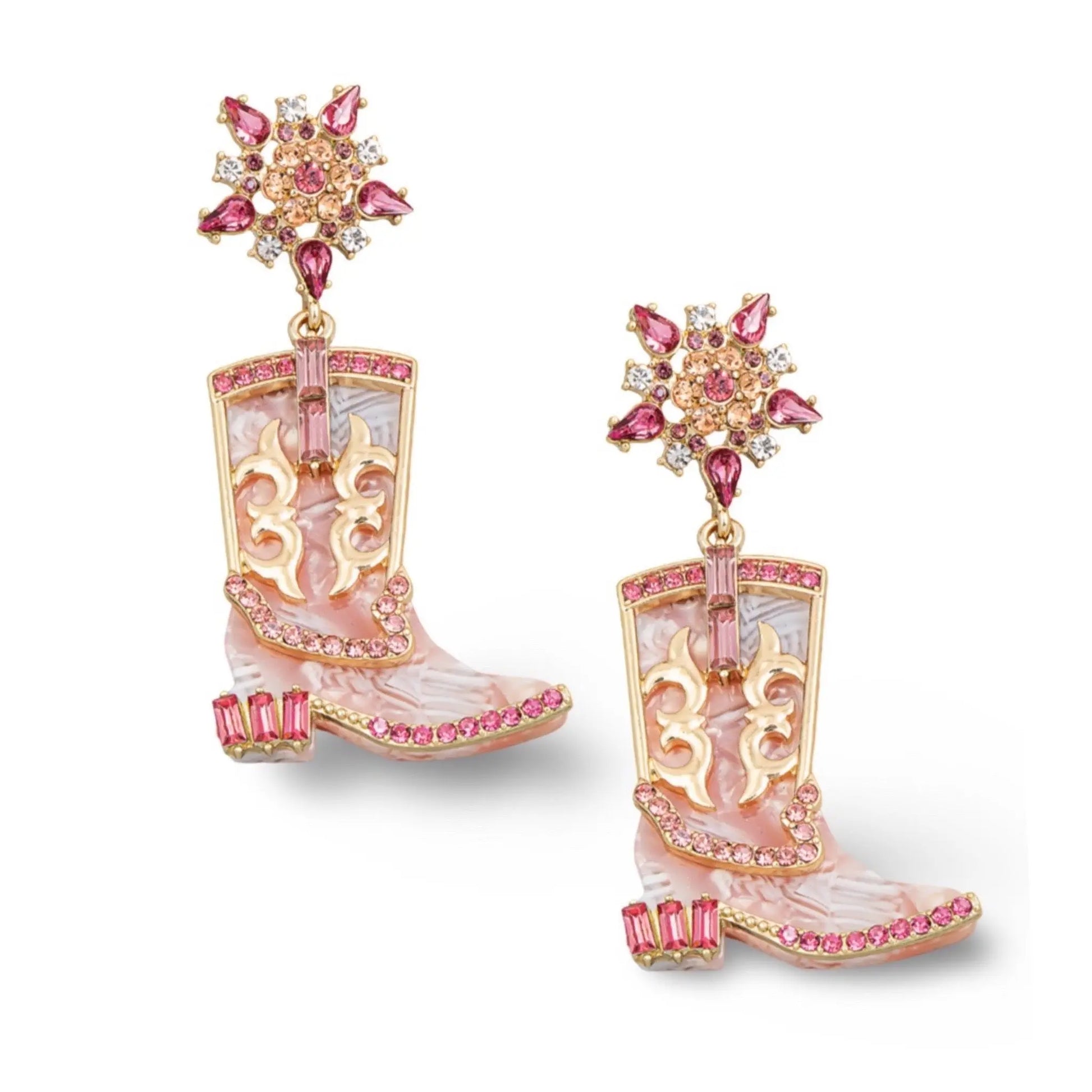 Cowboy Boot Pink and Gold Earrings. Crystal and Rhinestone Dangle Drop Earrings. Western Jewelry - Maktub.wearitbecomeit