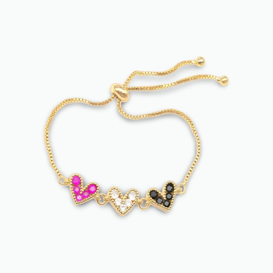 Maktub.wearitbecomeit Women gold adjustable bracelet with 3 hearts. pink white black