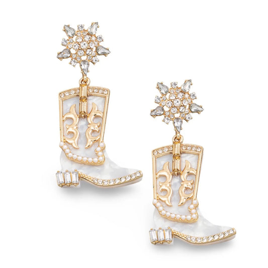 Cowboy Boot White and Gold Earrings. Crystal and Rhinestone Dangle Drop Earrings. Western Jewelry - Maktub.wearitbecomeit