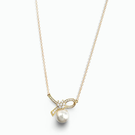 Maktub.wearitbecomeit Breast Cancer Awareness Symbol Pearl Pendant Gold Necklace