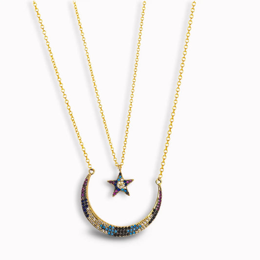 Maktub Colorful CZ Moon & Star Dream Pendants Layered Necklace