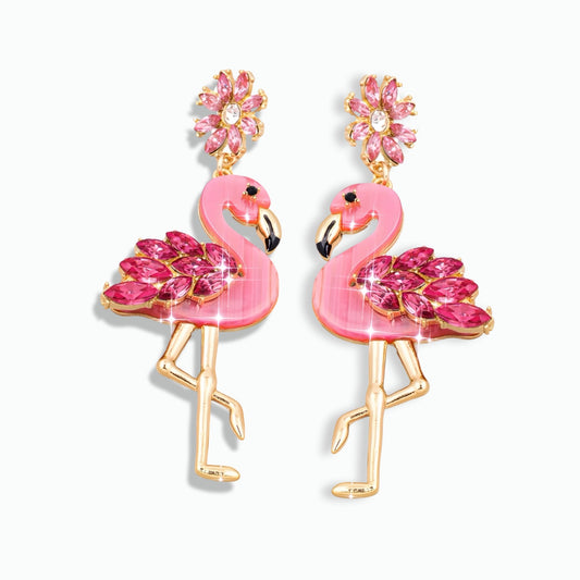 Mæktub Trendy Floral Pink Flamingo Dangle Drop Gold Earrings🦩