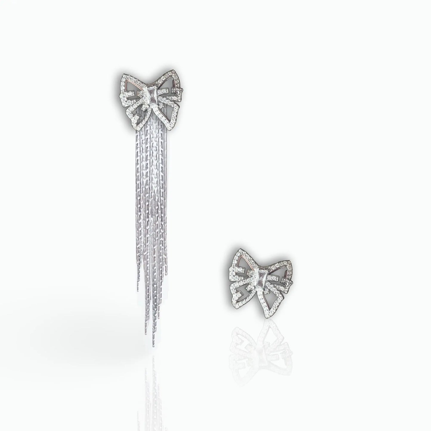 Mæktub Asymmetrical Earrings With one CZ butterfly stud and a drop fringe tassel Women's Silver Earrings
