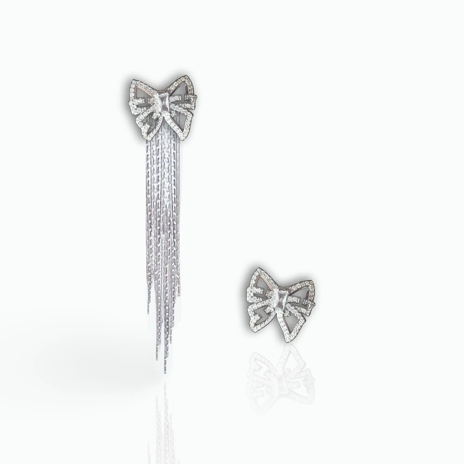 Mæktub Asymmetrical Earrings With one CZ butterfly stud and a drop fringe tassel Women's Silver Earrings