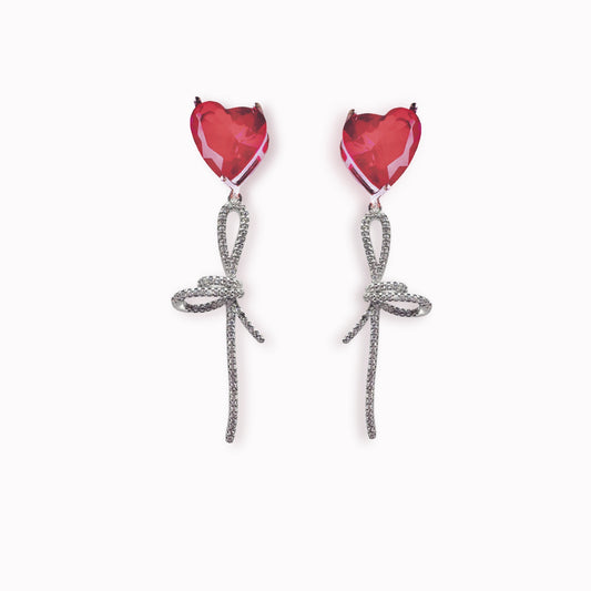 Crystal red heart pave with a silver bow drop earrings 