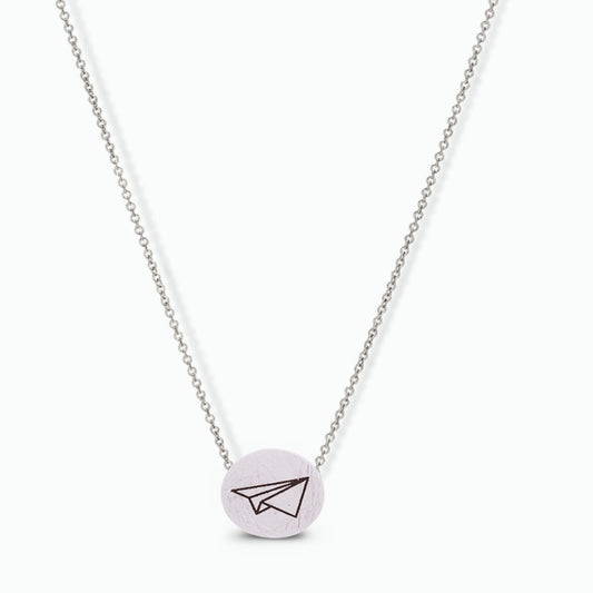 Maktub.wearitbecomeit Women silver necklace with paper airplane symbol carved on a coin